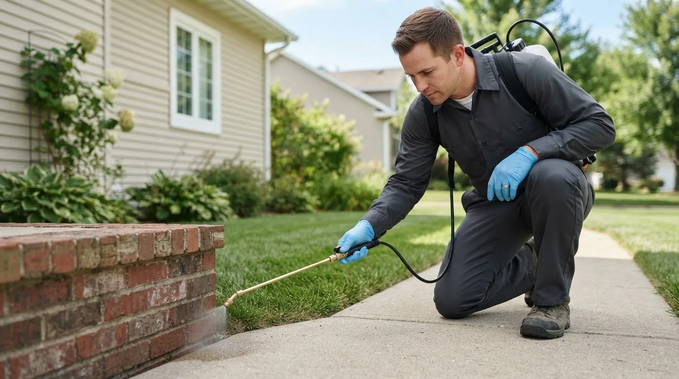 Pest control technician treating a home near Grenola, KS
